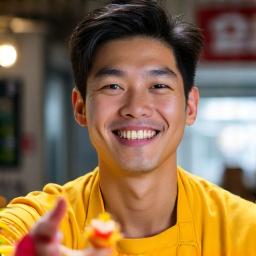 Portrait of Chef Lee Se-jun, demonstrating Korean street food