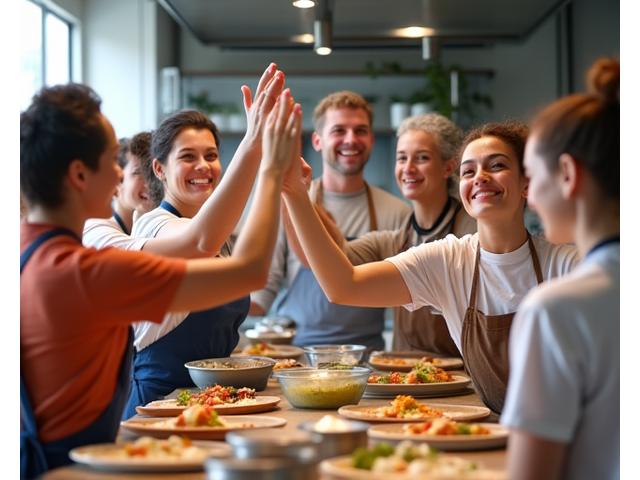 Happy students celebrating after a successful cooking class at Matgil Studio