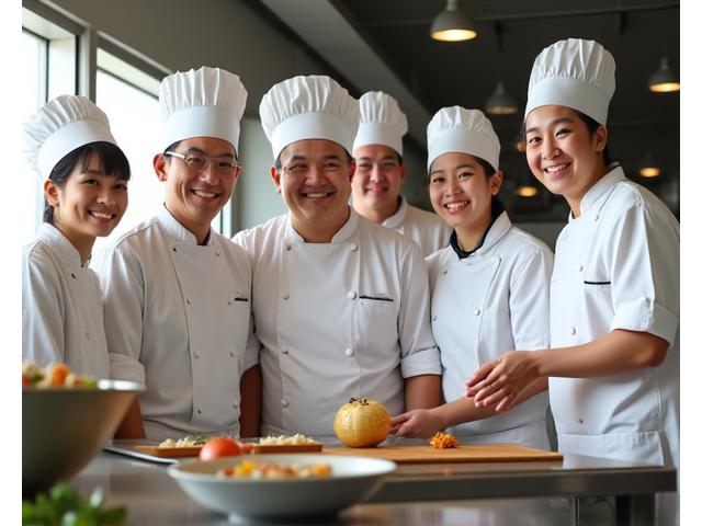 Matgil Studio founding team, diverse and passionate, in a modern Korean kitchen
