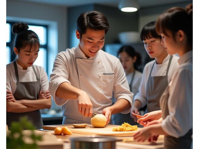 Image showing a hands-on cooking demonstration with a chef guiding students