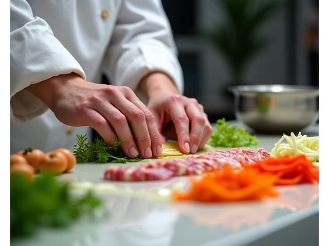 Hands preparing Korean ingredients with a modern cooking setup, conveying warmth and precision