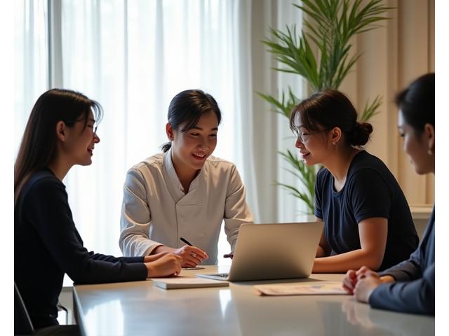 맷길 스튜디오 셰프가 기업 관계자와 함께 워크숍 내용을 상담하는 모습, 노트북과 요리책이 테이블에 놓여있음