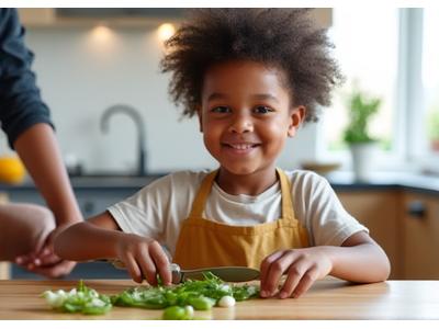 A confident 8-year-old child, focused and smiling, carefully chopping green onions with a child-safe knife on a cutting board, under the watchful eye of an instructor. The kitchen is clean and well-lit.