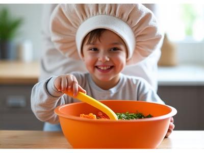 A happy 4-year-old child wearing a small chef hat, carefully mixing colorful vegetables in a large bowl with an oversized spoon, supervised by a gentle adult hand. Bright, soft lighting emphasizes the joy and safety of the activity.