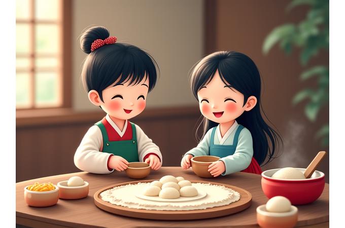 Children in traditional Korean hanbok happily making 송편 (songpyeon) during a Chuseok-themed cooking class. The scene is vibrant and culturally authentic, with traditional Korean elements in the background, like a traditional silk screen or pottery.