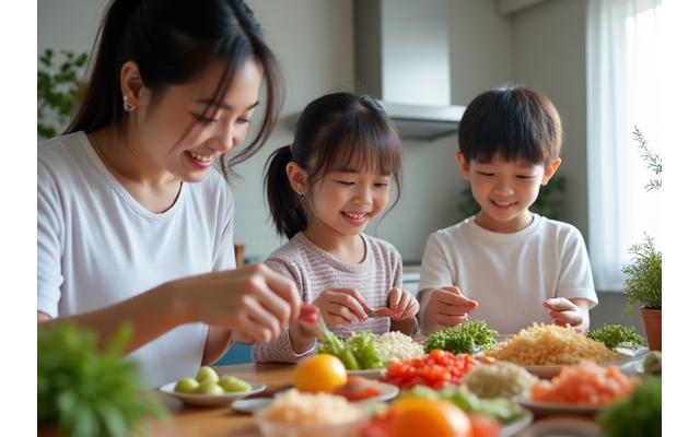 A multi-ethnic family, including two young children and their parents, joyfully cooking together in a bright, modern kitchen. They are smiling, actively participating in preparing a colorful Korean dish like bibimbap, with fresh ingredients visible on the counter. The children are safely engaged with child-friendly cooking tools, and the parents guide them with warmth.