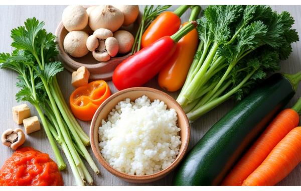 A collection of vibrant, fresh Korean ingredients laid out beautifully on a rustic wooden table, including colorful vegetables (carrots, spinach, mushrooms, bell peppers), kimchi, tofu, and rice. The arrangement is visually appealing and emphasizes health and natural goodness.