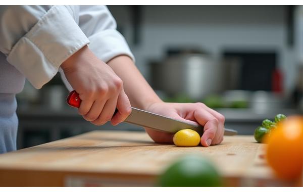 A close-up shot of an adult instructor demonstrating safe knife handling techniques to a child using a blunt, child-safe knife and a soft vegetable. The scene emphasizes clear instruction, direct supervision, and appropriate tools in a sterile, safe kitchen environment.