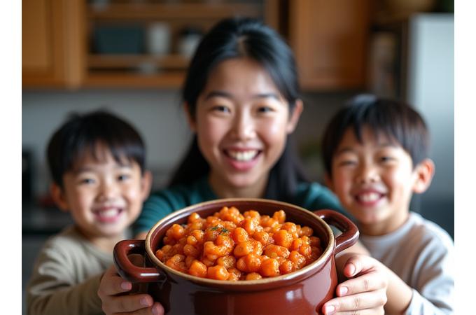 A candid, heartwarming photo of a Korean family (parents and two children around ages 6 and 10) proudly holding up a freshly made dish, possibly kimchi stew or bulgogi, in their home kitchen after a Matgil Studio class. Their faces beam with satisfaction and togetherness.
