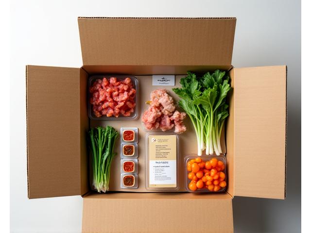 An overhead shot of an open Matgil Studio ingredient box, neatly organized with individual portions of fresh kimchi, gochujang, various vegetables, and clear educational cards.
