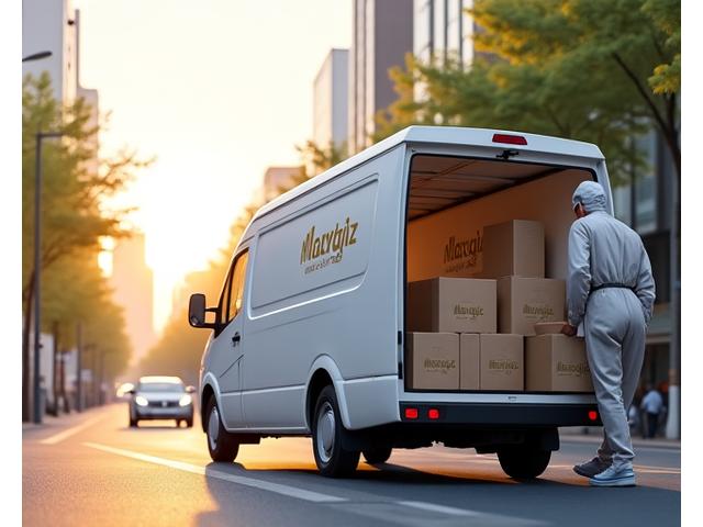 A modern delivery van with Matgil Studio branding on the streets of Seoul, emphasizing quick and efficient delivery.