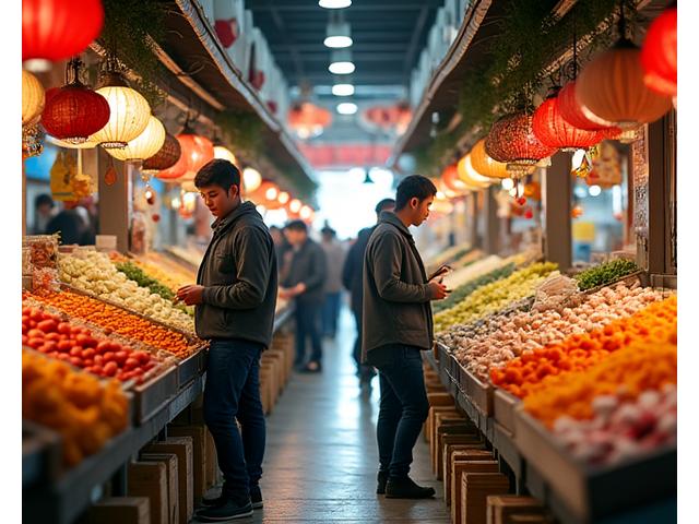A lively, bustling traditional Korean market scene with fresh produce, various kimchi, and vendors interacting, conveying authenticity and quality.