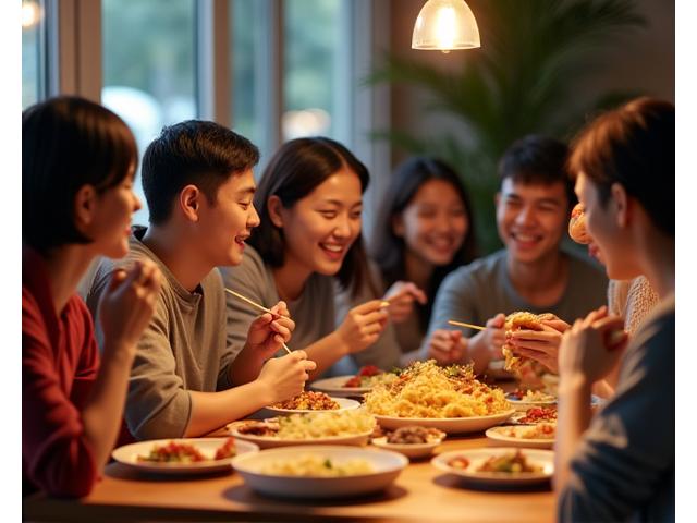 People sharing and enjoying various Korean street foods together
