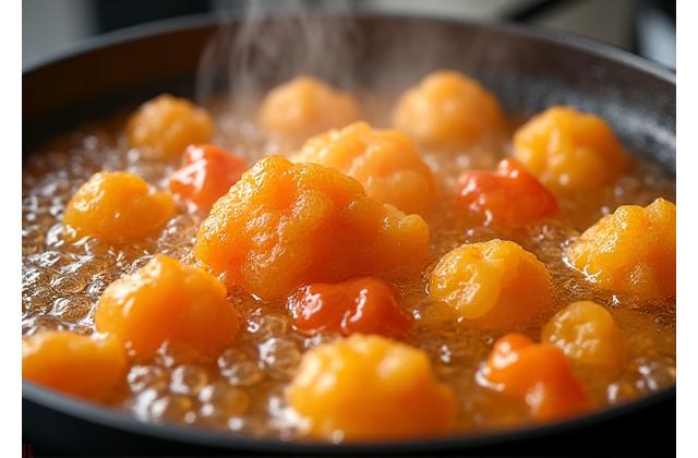 Frying various street foods in hot oil, close up on bubbles