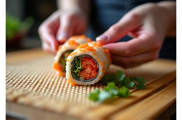 Hands skillfully rolling gimbap on a bamboo mat