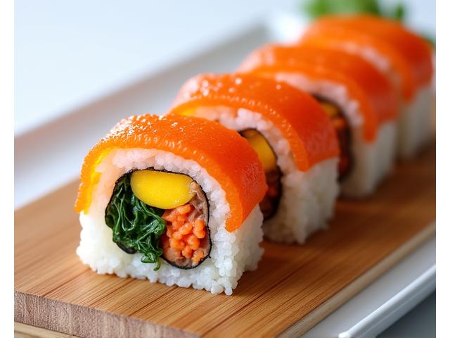 Freshly rolled Korean Gimbap (seaweed rice rolls) with colorful fillings