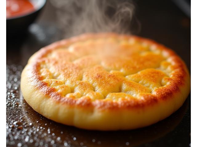 Golden brown Korean Hotteok, sweet pancakes, frying on a griddle