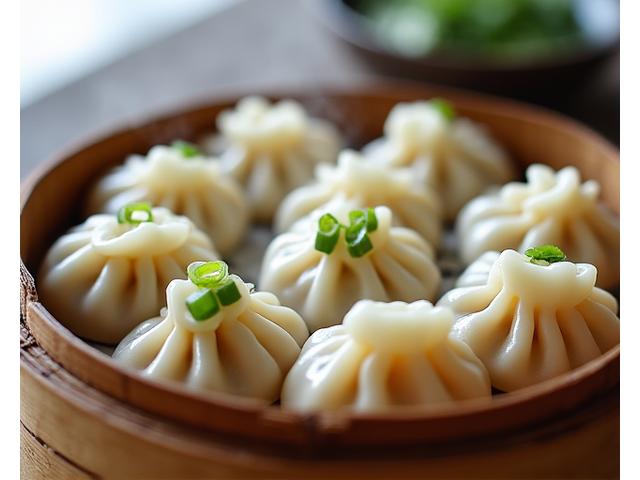 Steamed Korean Mandu (dumplings) on a bamboo steamer