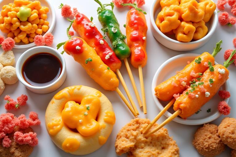 A colorful assortment of modern Korean street food, designed for social media appeal.