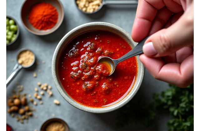 Chef balancing spices and sauces for a Korean dish
