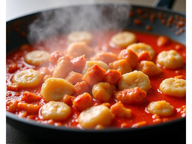 Korean Tteokbokki, spicy rice cakes, in a large wok