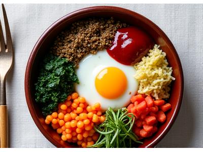 싱그러운 비빔밥 위에 아름답게 정돈된 다채로운 채소와 고기, 계란