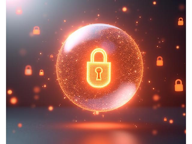 Illustration of a padlock over digital data, representing data security and privacy commitment.