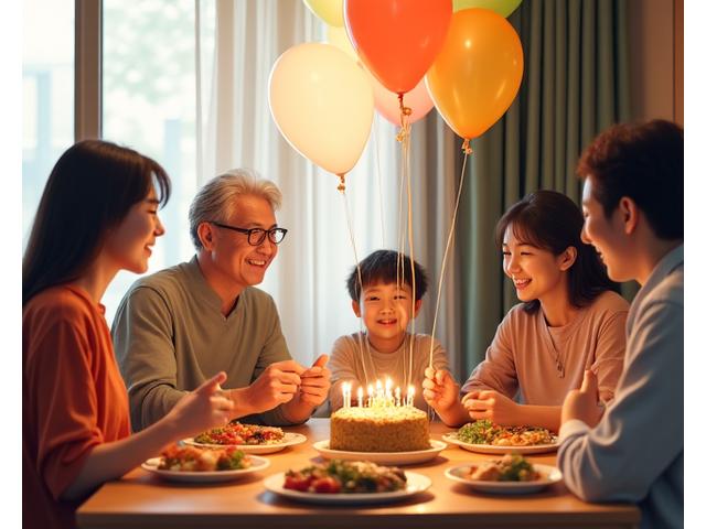 밝고 행복한 웃음을 짓고 있는 가족이 초고층 빌딩이 보이는 현대적인 한국식 아파트에서 생일 파티를 위해 다과와 함께 한식 잔치 상을 즐기고 있습니다. 케이크와 풍선이 있습니다.