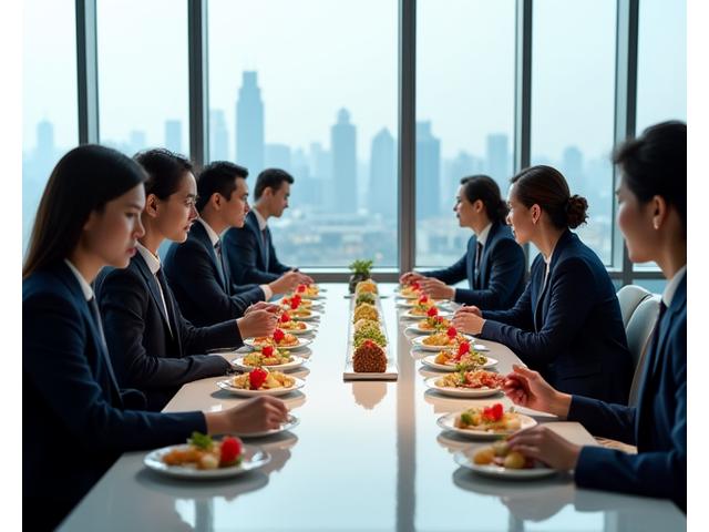 전문적인 비즈니스 복장을 한 참석자들이 고급스러운 한식 다과가 놓인 회의실 테이블 주위에 앉아 네트워킹을 하고 있습니다. 현대적인 한국의 기업 환경을 보여줍니다.