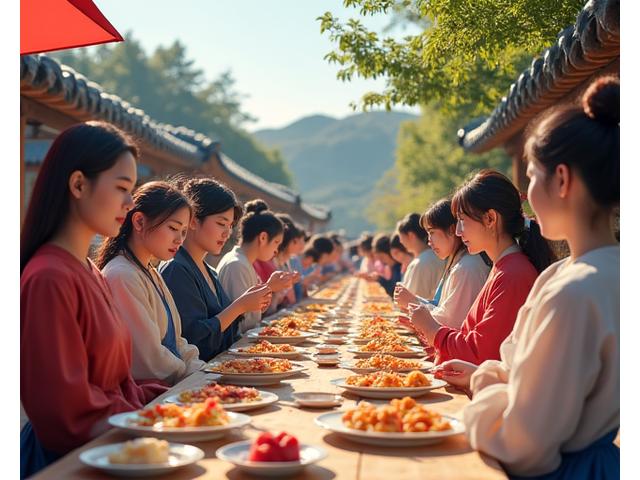 아름다운 한국 전통 저택의 야외 마당에서 전통 한복을 입은 사람들이 작은 규모의 문화 페스티벌에서 한식 축제 음식을 즐기고 있습니다. 다양한 연령대의 사람들이 활기찬 분위기 속에 어울리고 있습니다.