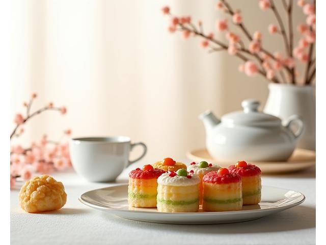 A platter of elegantly presented Korean desserts, such as Yakgwa or traditional rice cakes, with tea.