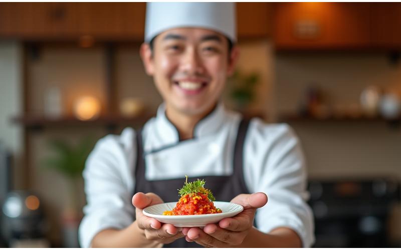 A chef offering a plate of beautifully prepared Korean food, symbolizing a free sample or introductory offer.