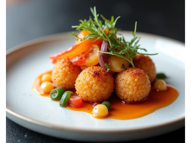 A beautifully plated fusion dish, perhaps Korean-style pasta or tacos, artfully arranged on a modern ceramic plate.