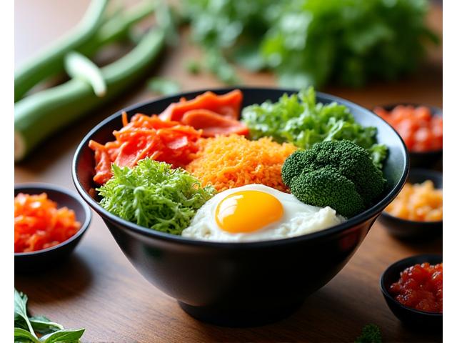 A light and healthy Korean dish, possibly a colorful vegetable bibimbap or a fresh salad with kimchi, emphasizing health and freshness.