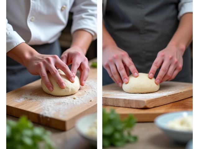 A split-screen illustration showing multiple camera angles of a chef's hands preparing food, highlighting detailed technique visibility.
