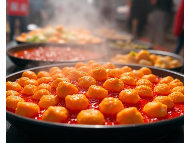 Vibrant Korean street food, such as Tteokbokki and Eomuk-tang, served in typical street vendor style bowls.
