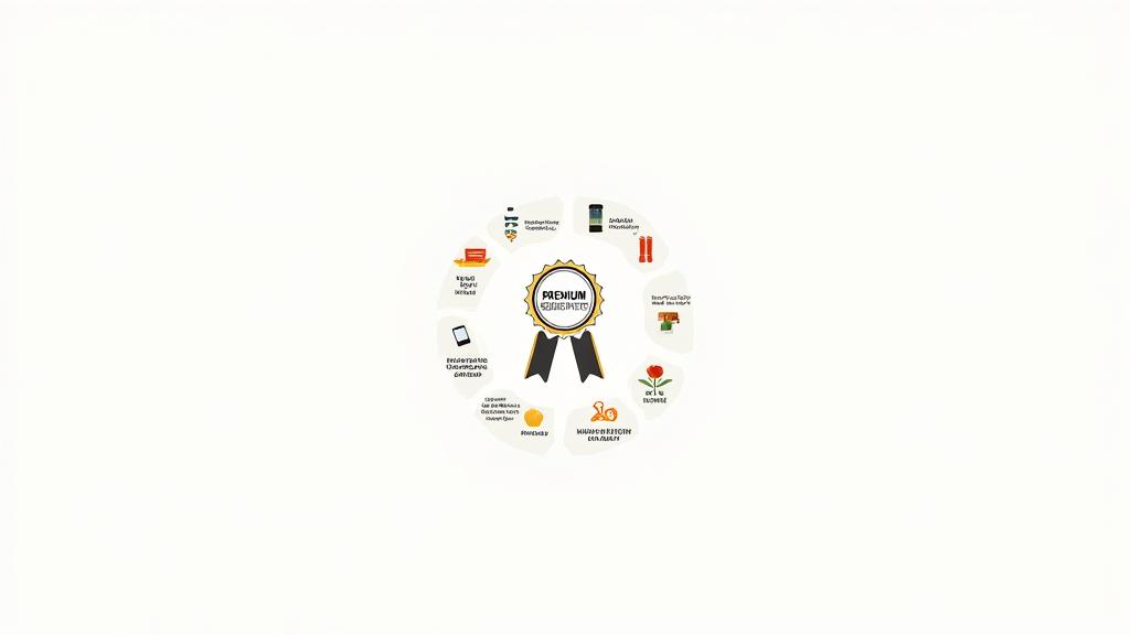 A graphic showing various benefits of a subscription, such as mobile access, recipe cards, and new recipes, with icons and bullet points.