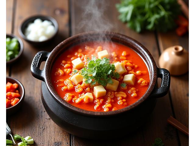 A steaming bowl of traditional kimchi stew (Kimchi Jjigae) with fresh ingredients.