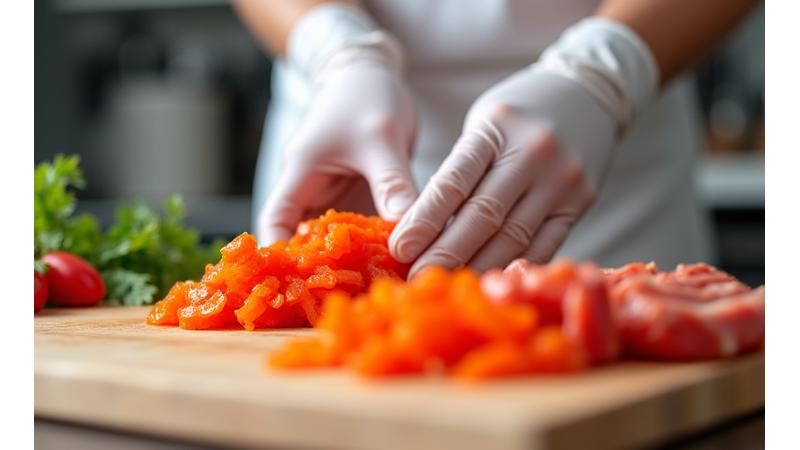 A chef wearing safety gloves while handling ingredients, emphasizing kitchen safety.